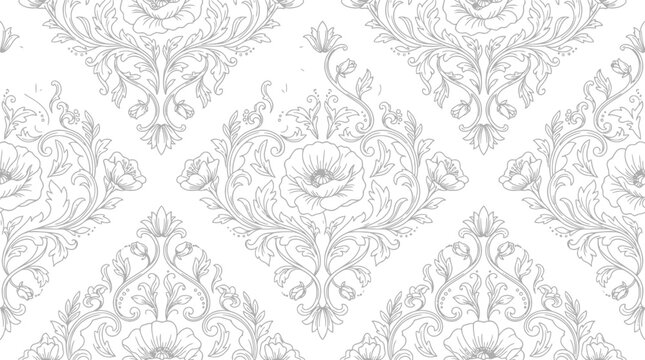 Elegant floral damask seamless pattern in vintage style line art illustration