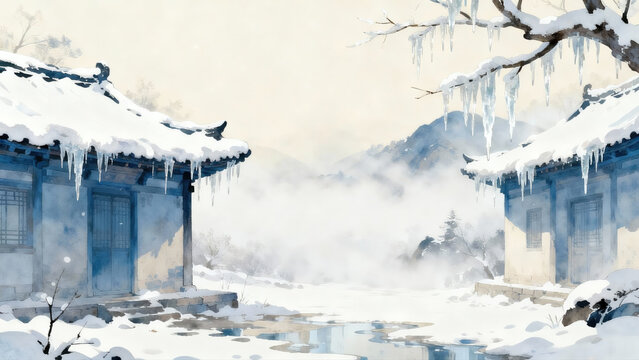 A serene winter scene featuring traditional Chinese buildings blanketed in snow with icicles hanging from roofs.
