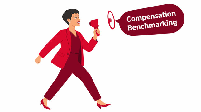 Businesswoman holding megaphone for compensation benchmarking.