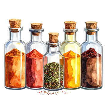 Five glass jars filled with various colorful spices and ingredients, topped with cork stoppers