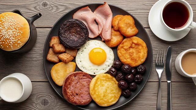 A hearty and delicious full English breakfast is presented on a dark plate, featuring a fried egg, bacon, sausages, black pudding, beans, and toast.