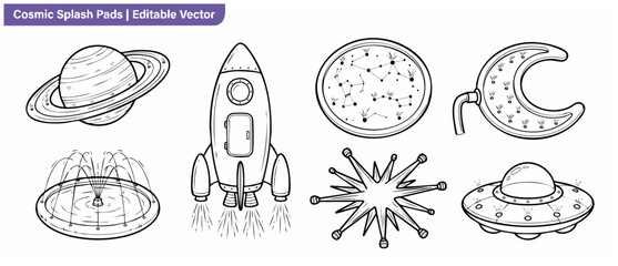 Space splash pad vector illustrations set of cosmic playground equipment water fountains children outdoor game activities black and white outline coloring pages icons design © Dinali
