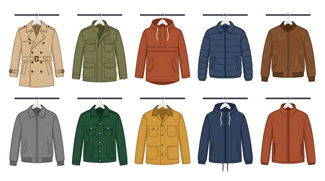 Set of various mens jackets and coats on hangers
