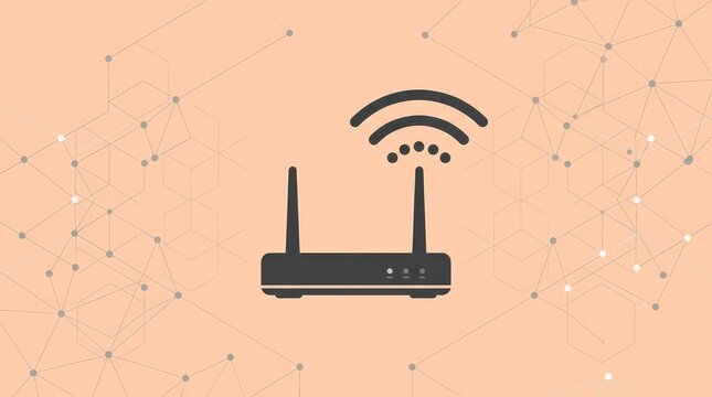Minimalist router icon on a wide digital network background, showcasing modern connectivity and wireless internet technology for business data systems, communication infrastructure, and global access.