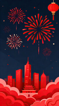 A vibrant illustration featuring red fireworks, a cityscape, and a lantern, depicting a festive night celebration.