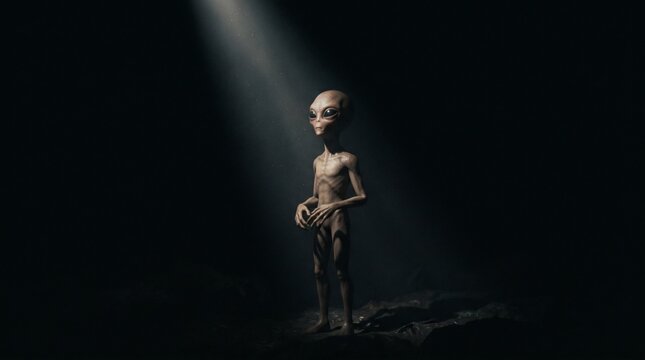 Eerie alien creature stands in a dark environment illuminated by a single spotlight, evoking mystery and extraterrestrial themes