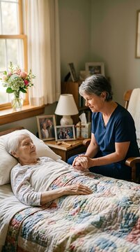 Hospice Nurse Holding Patient Hand Palliative Care Compassion Peaceful Comfort