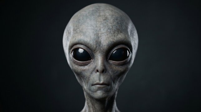 Close up portrait of a realistic grey alien with large black eyes and grey skin against a dark background