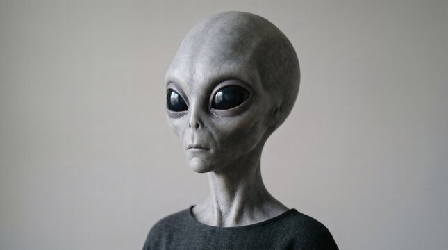 Close up portrait of a classic grey alien with large black eyes and a grey skin tone wearing a dark grey shirt
