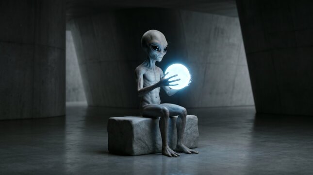 Alien holding glowing orb in concrete structure, extraterrestrial concept, science fiction