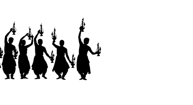 Silhouettes of traditional dancers performing with lit candles in a graceful formation.