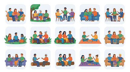 Naklejka premium Group of diverse friends sitting and talking together in various settings