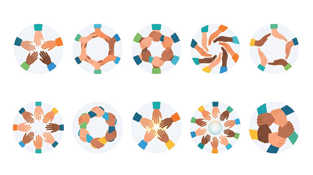 Set of diverse hands joining together in a circle, unity and teamwork concept