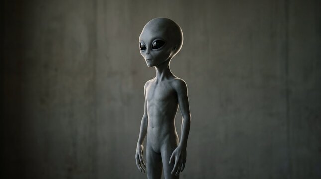 Gray Alien Standing Tall: A solitary gray alien, with its characteristic large head and dark eyes, stands in a dimly lit, textured environment, evoking a sense of mystery and the unknown.
