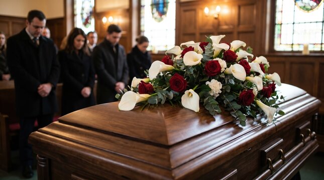 Closed wooden casket topped with red and white flower arrangement at a funeral service; mourners in dark clothing stand with bowed heads in a chapel with stained glass