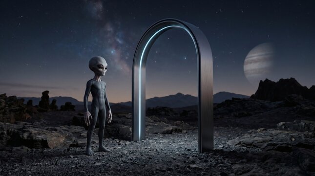 Alien stands on rocky alien planet near glowing portal with Jupiter and Milky Way in the night sky