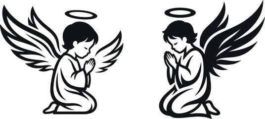 Naklejka premium Cute praying baby angels vector silhouette set, little cherub with wings and halo kneeling in prayer illustration.