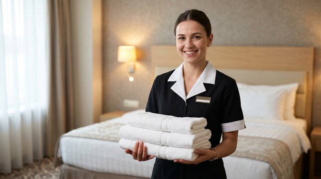 Professional hotel maid holding fresh white towels, smiling chambermaid in black uniform providing room service, hospitality staff in luxury bedroom