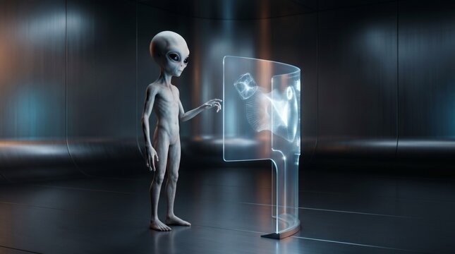 Alien interacting with holographic display showing complex scientific data in futuristic environment