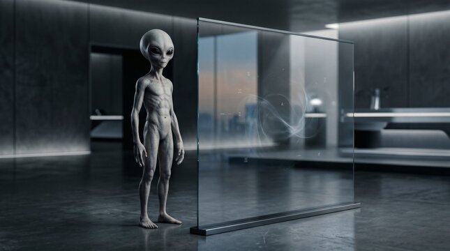 Alien standing next to a futuristic transparent screen with abstract data visualization in a modern minimalist interior