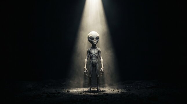 Eerie alien creature standing in a spotlight on a dark, dusty surface with atmospheric haze