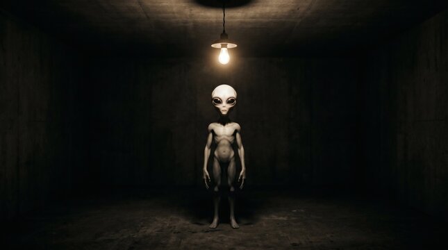 Eerie alien creature standing under a single bare light bulb in a dark, concrete room, evoking mystery and suspense