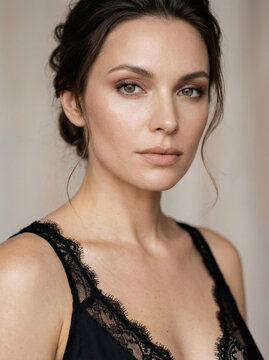 Elegant Woman with Green Eyes and Dark Hair in Black Lace Top