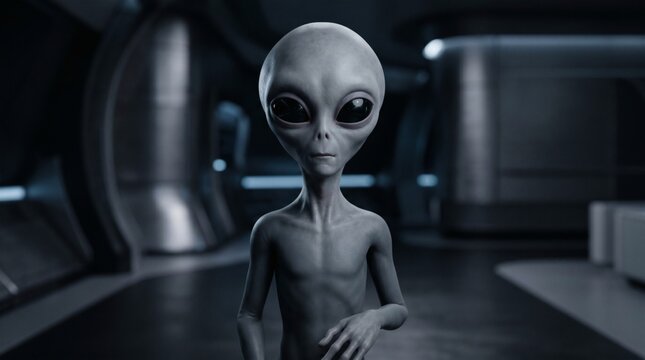 Alien Encounter: A close-up, grey-skinned alien with large, dark eyes stands in a futuristic, metallic corridor, its slender physique and smooth skin hinting at an extraterrestrial origin.