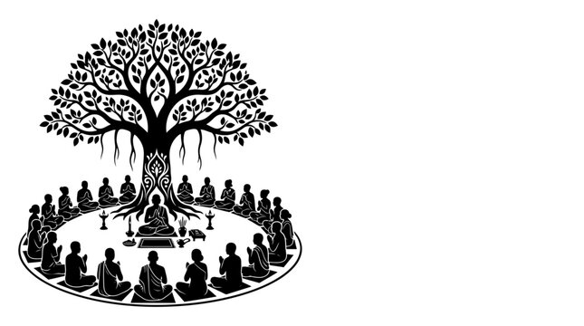 A serene illustration of a group of monks meditating under a large sacred Bodhi tree.