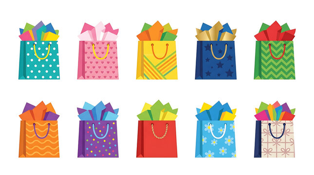 Set of colorful gift bags with tissue paper