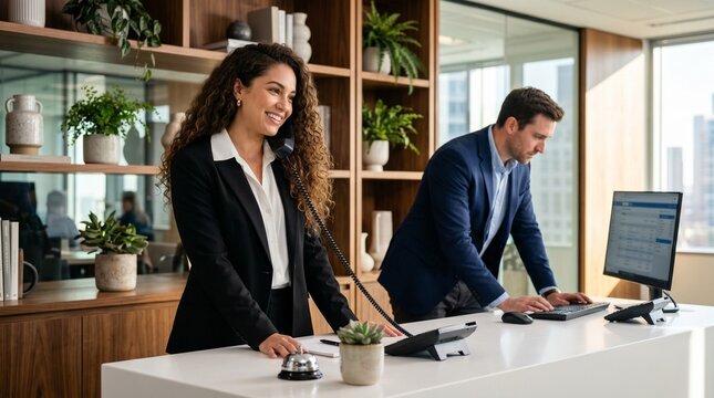 Professional hotel receptionists working at modern front desk, smiling female concierge answering phone, luxury lobby service staff in corporate attire