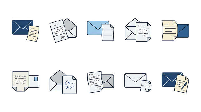 Set of mail icons with envelopes and letters