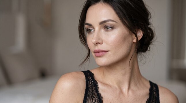 Elegant Woman with Dark Hair and Lace Top Posing Indoors with Soft Natural Light