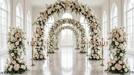 Fototapeta premium Luxury Wedding Ceremony Aisle with Floral Arches and Candelabras
