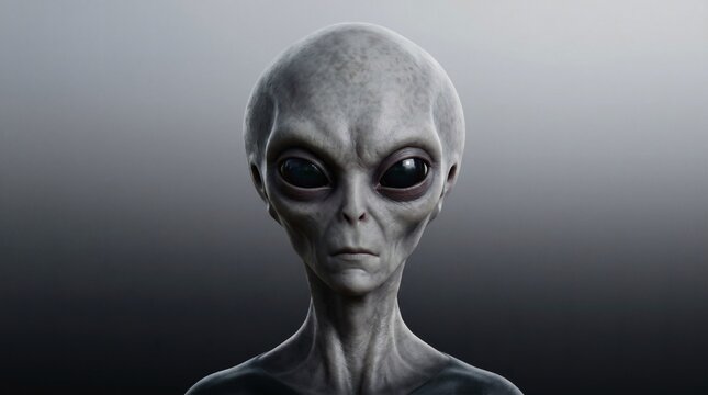 Alien Portrait: A close-up portrait of a classic grey alien with large black eyes, smooth grey skin, and an enigmatic expression, set against a gradient background, evoking mystery and the unknown.