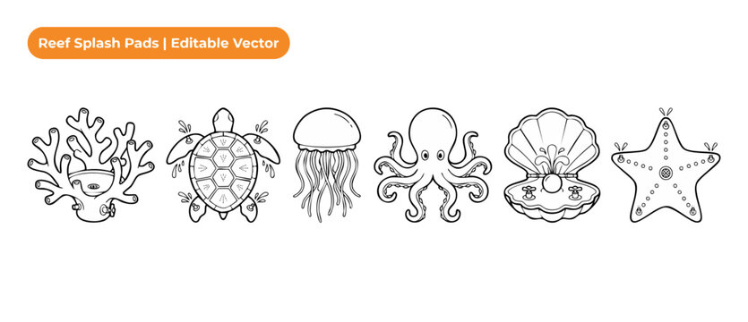 Ocean animal splash pad vector icons set featuring sea turtle, octopus, starfish, jellyfish, clam shell, and coral reef water park playground equipment elements for coloring books and outline designs.