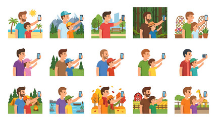 Fototapeta premium Set of illustrations of fathers and children taking selfies in various locations and seasons