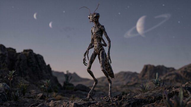 Alien Insectoid Explorer on Barren Planet: A bizarre, bipedal insectoid alien, resembling a praying mantis, walks across a desolate, rocky planet with a ringed gas giant and moons in the alien sky.