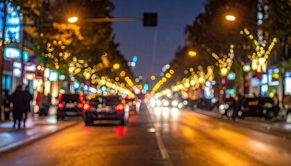 Fototapeta premium Vibrant City Street at Night with Traffic and Festive Lights.