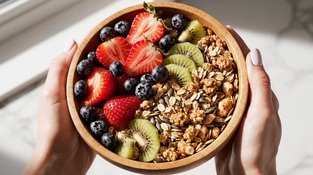 Hands holding wooden bowl with fresh fruit granola breakfast