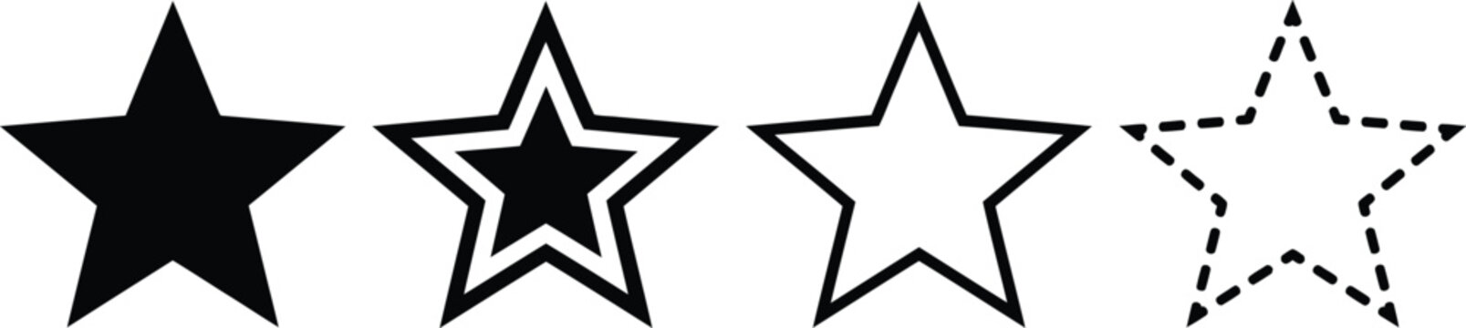 Set of four different black star icons with various outline and fill styles
