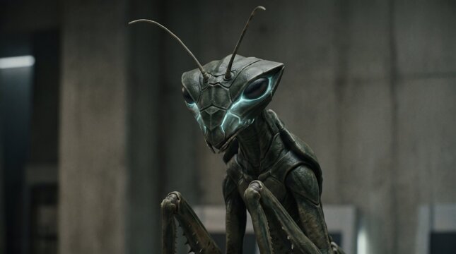 Alien Predator in Science Lab: A fearsome alien creature, resembling a praying mantis with glowing blue eyes, stands in a dimly lit science laboratory.