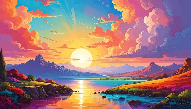 Vibrant Sunset Over Serene Lake with Majestic Mountains.