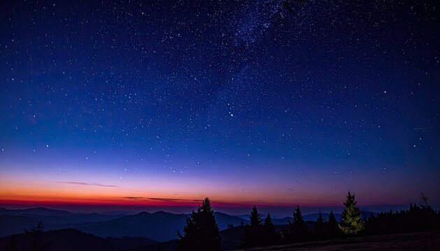 Vibrant Sunset Sky Over Mountain Silhouette with Stars.