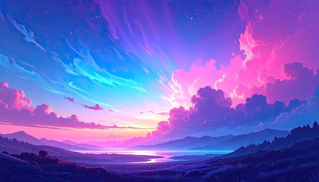 Vibrant Sunset Sky Over Serene Landscape with River.
