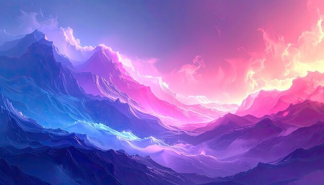 Vibrant Surreal Mountain Landscape with Cosmic Clouds.
