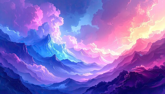Vibrant Surreal Mountain Landscape with Dreamy Colorful Clouds.