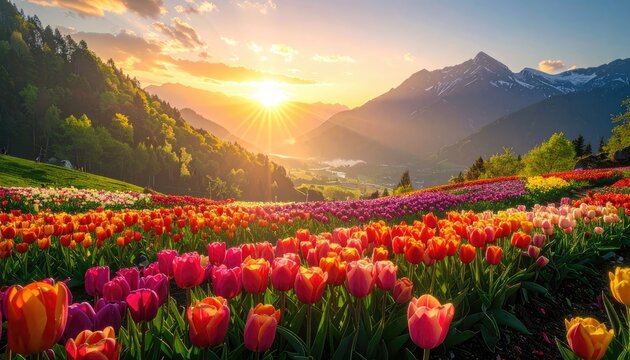 Vibrant Tulip Field at Sunrise in a Mountain Valley.