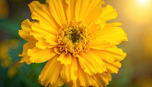 Vibrant Yellow Marigold Flower in Golden Sunlight Close-Up.
