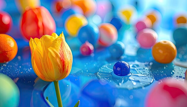 Vibrant Yellow Tulip Blooms Amidst a Colorful Abstract Watery Display.